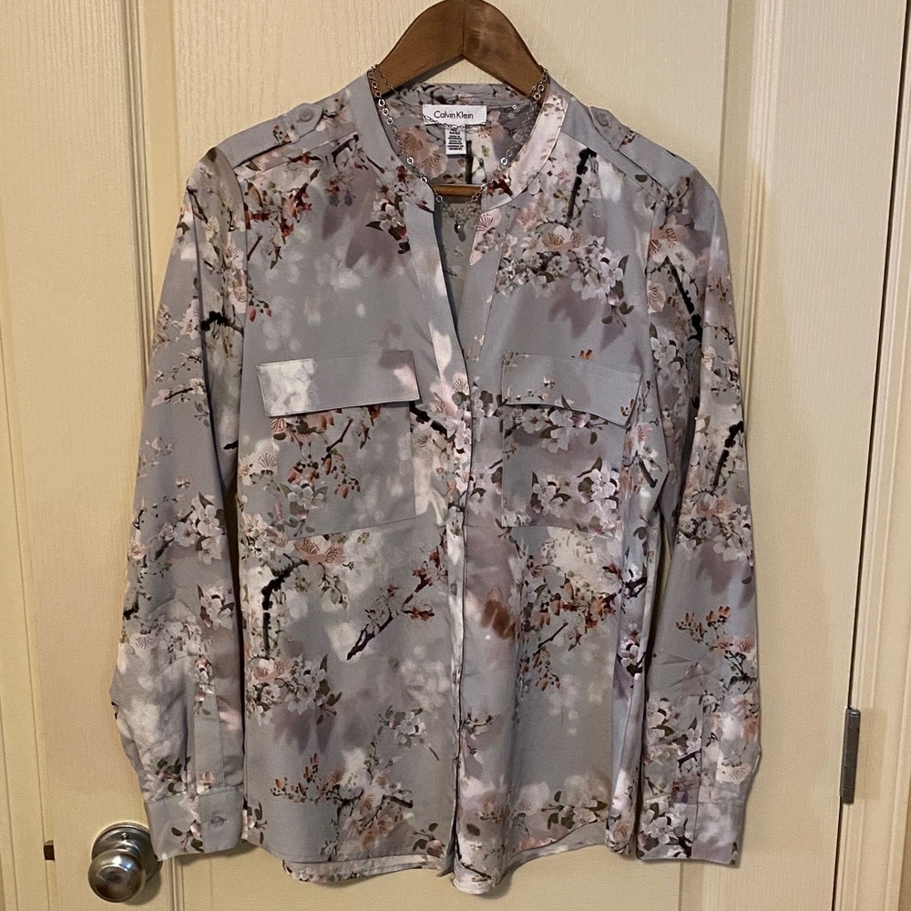 Calvin Klein Grey Floral Long-Sleeve Blouse